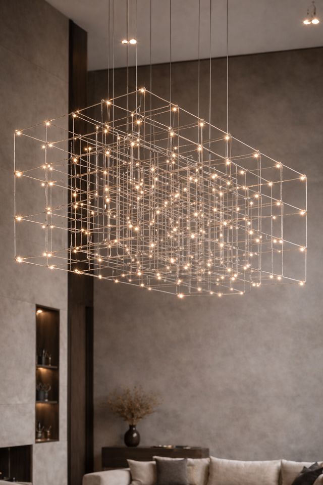 Modern chandelier with geometric design in a living room setting