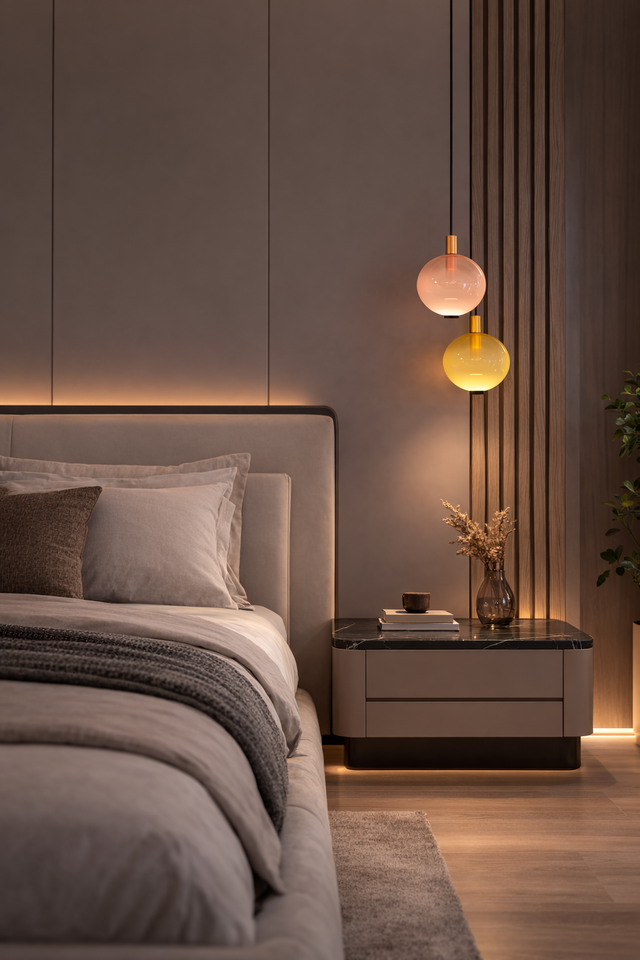 Modern bedroom with a bed, nightstand, and decorative lamp.