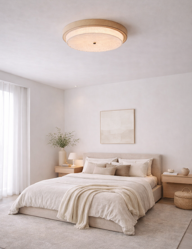 Modern bedroom with a bed, nightstands, and ceiling light fixture.