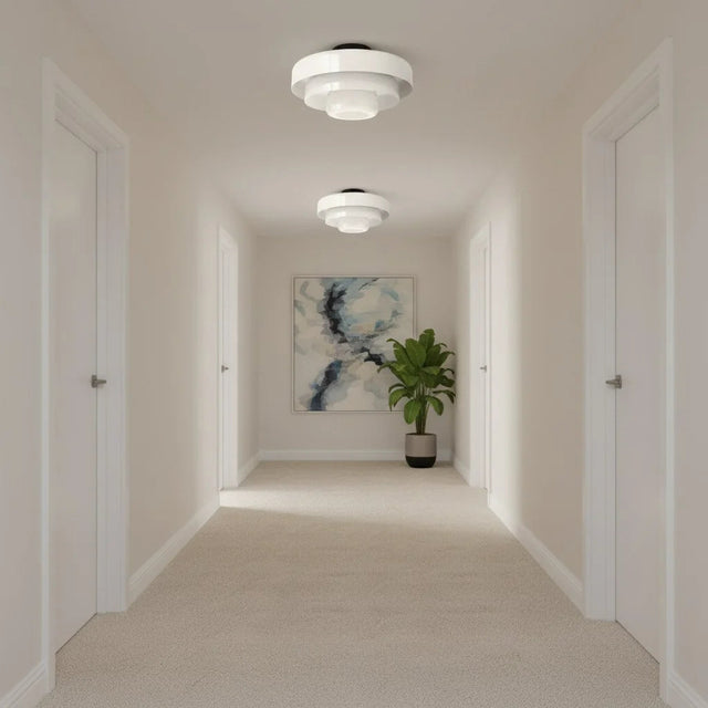 Hallway with modern ceiling lights, abstract painting, and potted plant.
