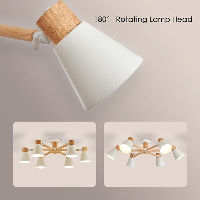 Ceiling light fixture with wooden arm and white lampshade, showing 180-degree rotation.