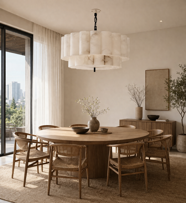 Dining room with wooden table and chairs, modern chandelier, and cityscape view.