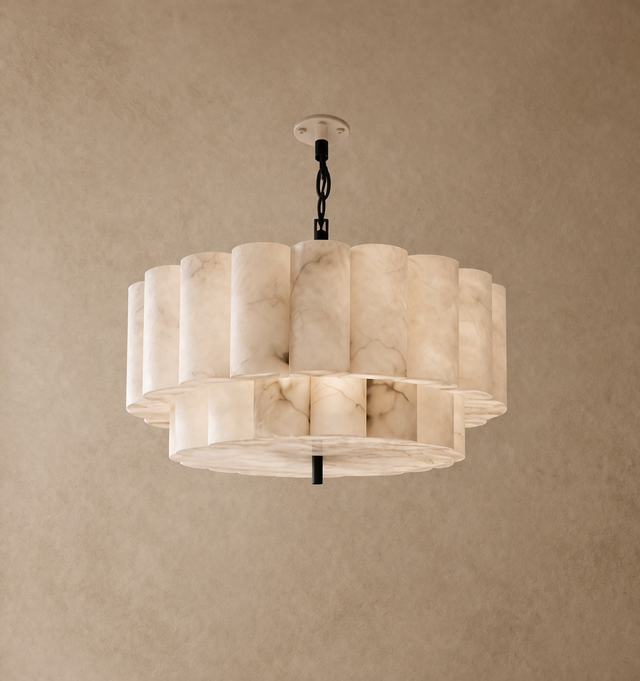 Marble-textured pendant light fixture on a beige wall