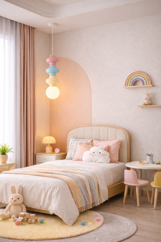 Children's bedroom with a bed, toys, and colorful decor.