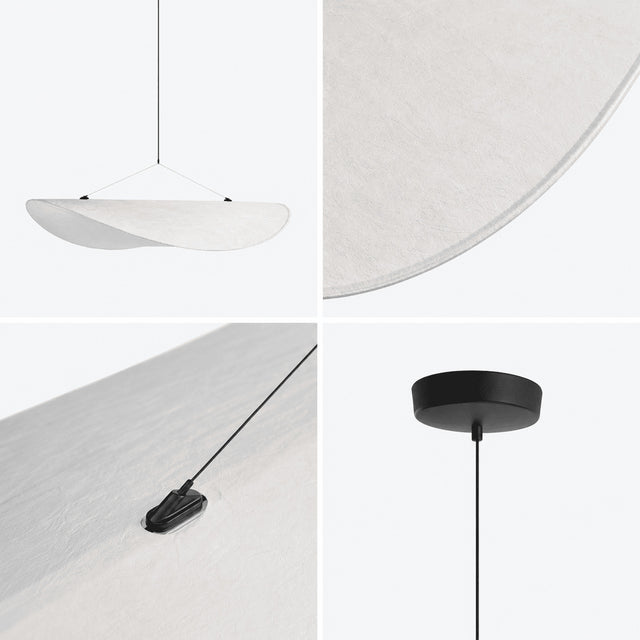 Collage of a modern pendant light with white shade, black cord, and black ceiling mount on a white background.