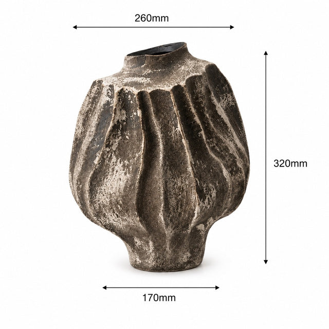 A dark textured ceramic vase with a ribbed, organic shape, shown with dimension arrows and labels indicating a height of 320mm, width of 170mm, and top opening diameter of 260mm on a white background.