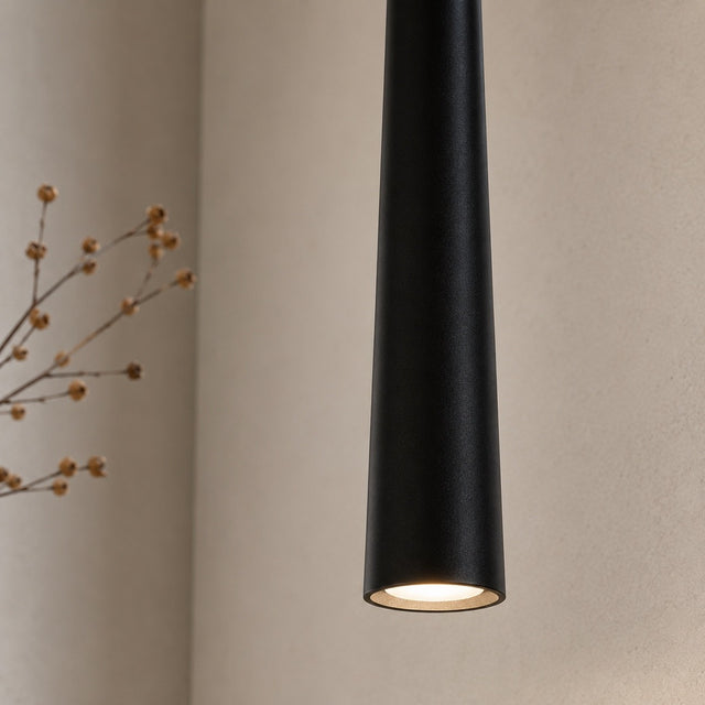A modern matte black cylindrical pendant light hanging from the ceiling against a warm beige wall, with a small dried floral branch visible on the left.