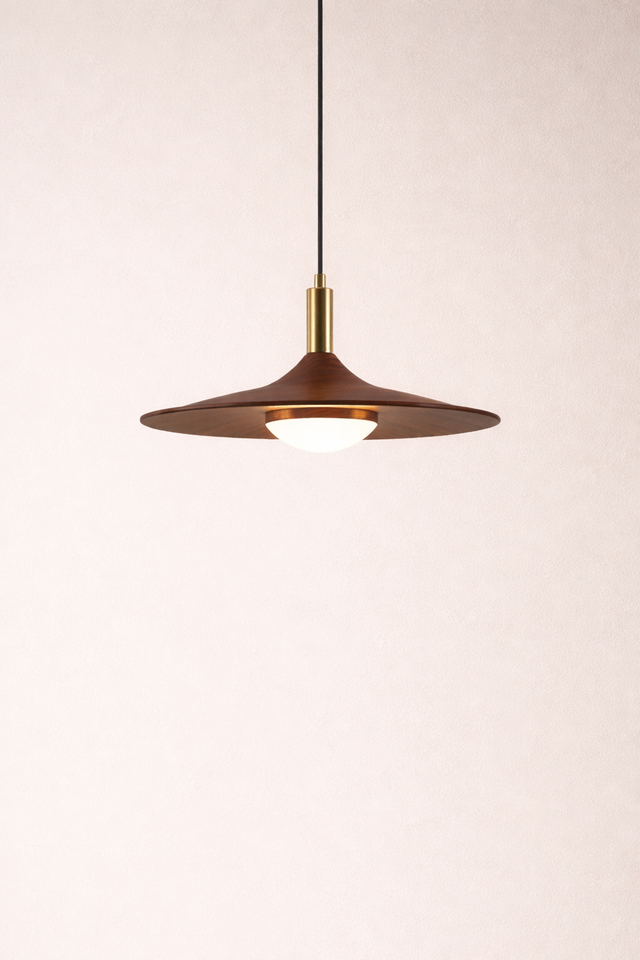 Modern pendant light with brown shade and gold accent on a beige background