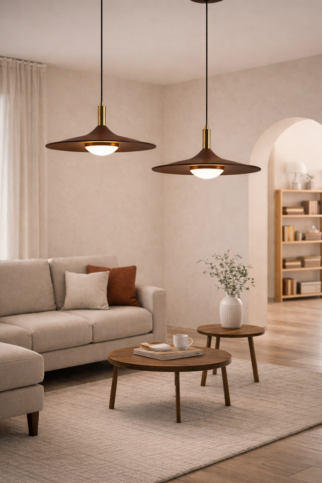 Modern living room with beige sofa, wooden coffee table, and pendant lights.