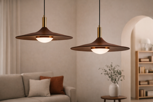 Two pendant lights hanging above a living room with a sofa and decor.