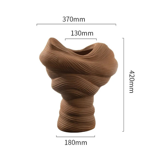 Brown textured vase with dimensions labeled on a white background