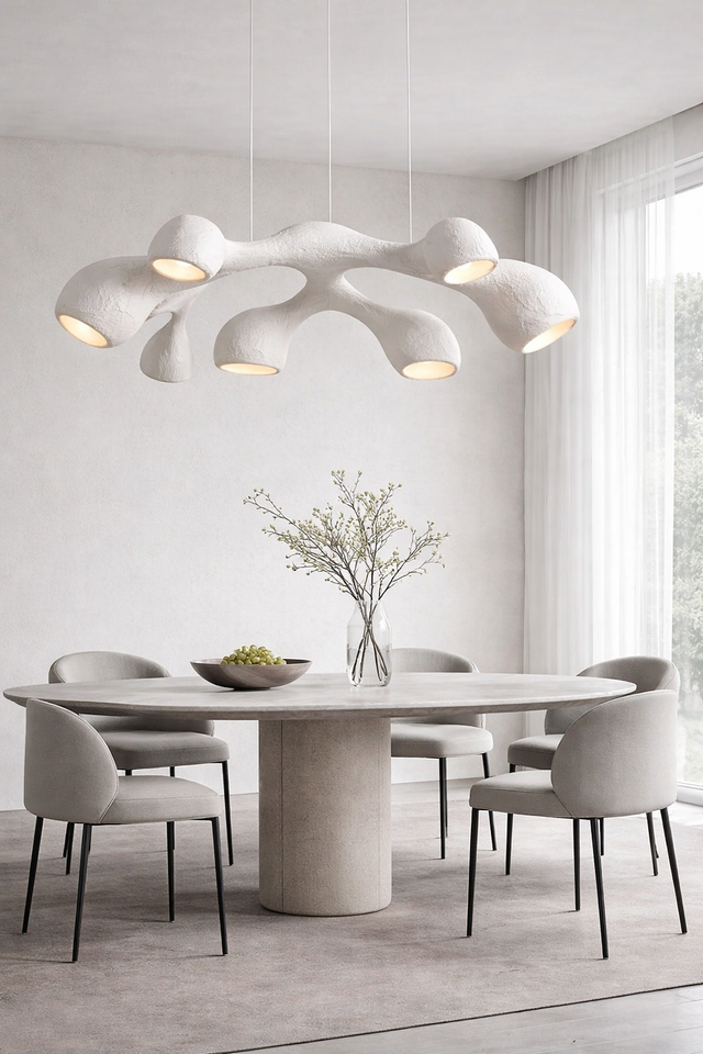 Modern dining room with a white round table and chairs, featuring a unique ceiling light fixture.