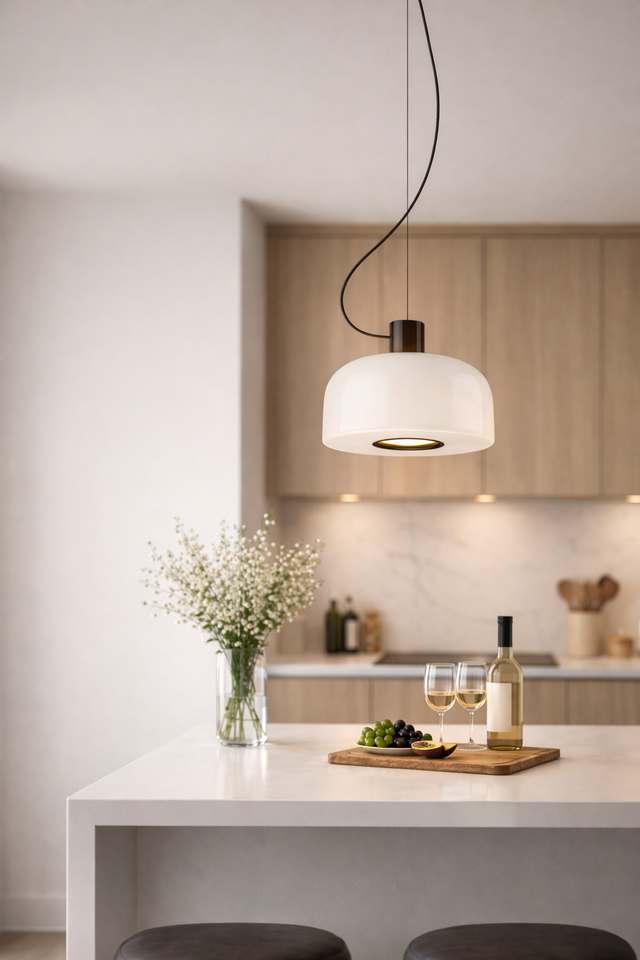 Modern kitchen with pendant light, white island, and wine setup.