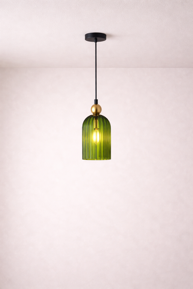 Green pendant light with a white background