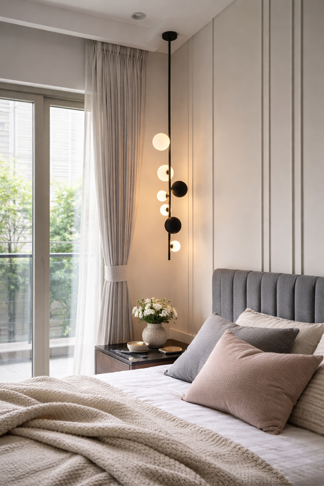 Modern bedroom with a bed, side table, and decorative elements.