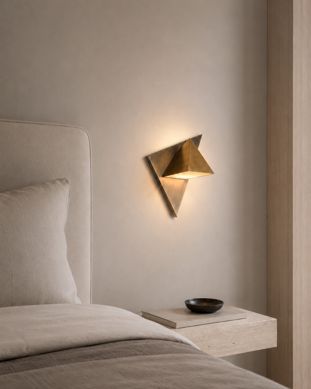 Modern wall sconce on a neutral wall above a bed with a side table.