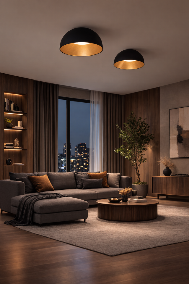 Modern living room with gray sofa, wooden coffee table, and ceiling lights.