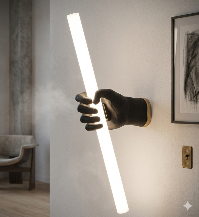 Wall-mounted light fixture with a hand-shaped base in a room setting.