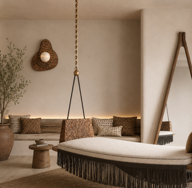 Modern living room with beige walls, textured furniture, and decorative elements.