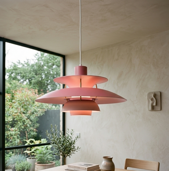 Modern pink pendant light hanging above a dining table with a view of greenery outside.