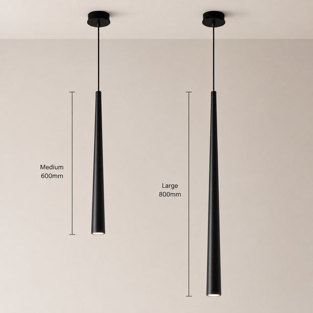 Two black tapered pendant light fixtures shown against a plain beige wall, with dimension labels indicating medium height 600mm and large height 800mm.