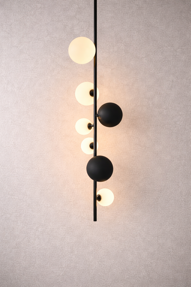 Modern pendant light with spherical bulbs on a neutral background